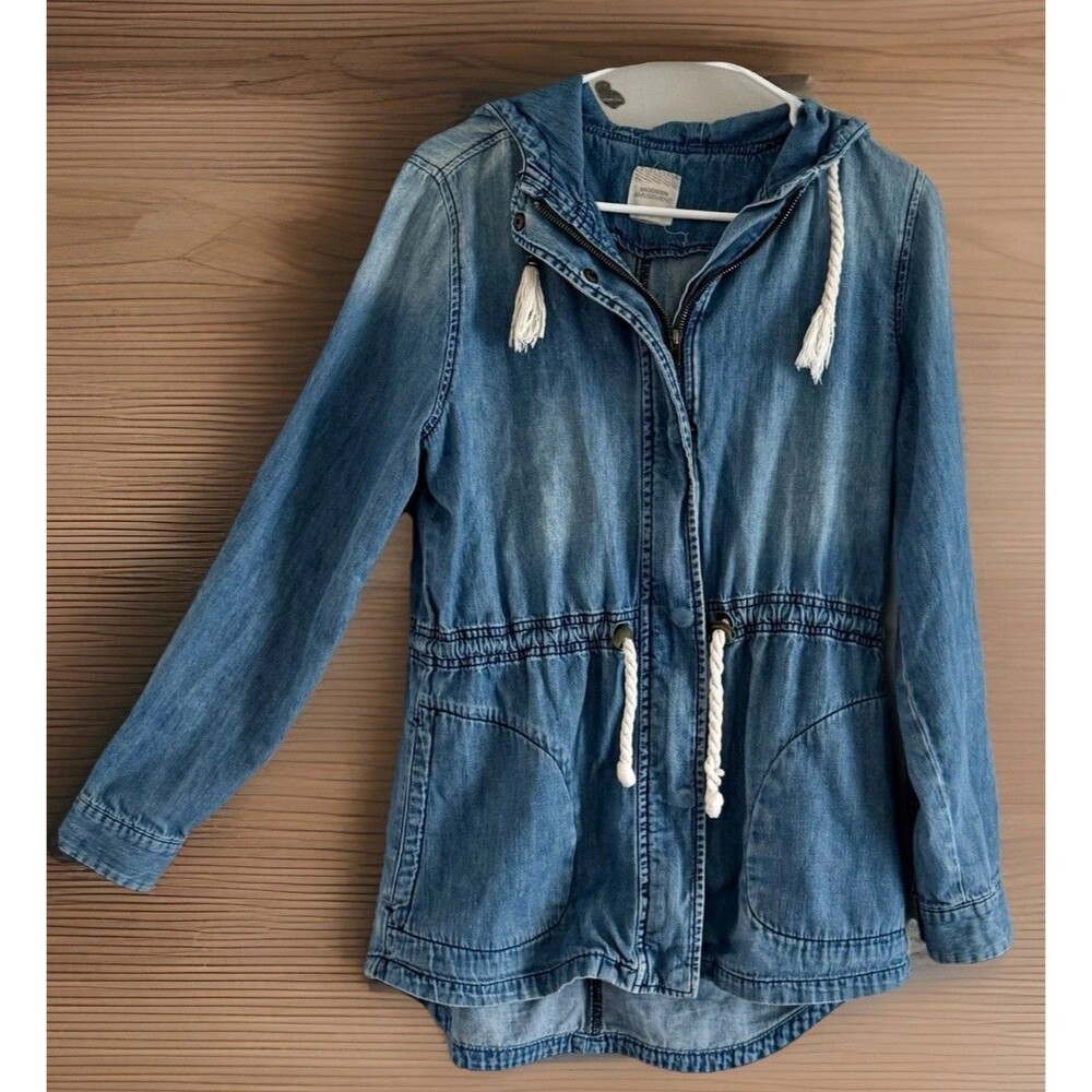 Denim Anorak Jacket Hooded Utility Field Coat Light Wash Modern Amusement Medium